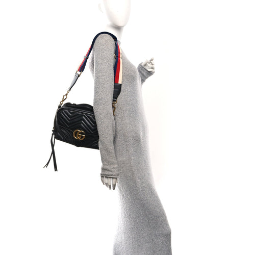 Calfskin Matelasse Sylvie Web Small GG Marmont Top Handle Shoulder Bag Black