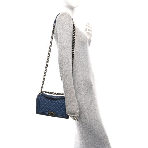 Calfskin Quilted Medium Top Handle Boy Flap Blue