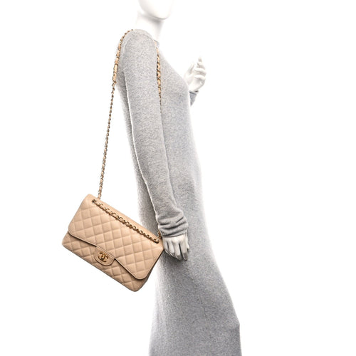 Caviar Quilted Jumbo Double Flap Beige Clair