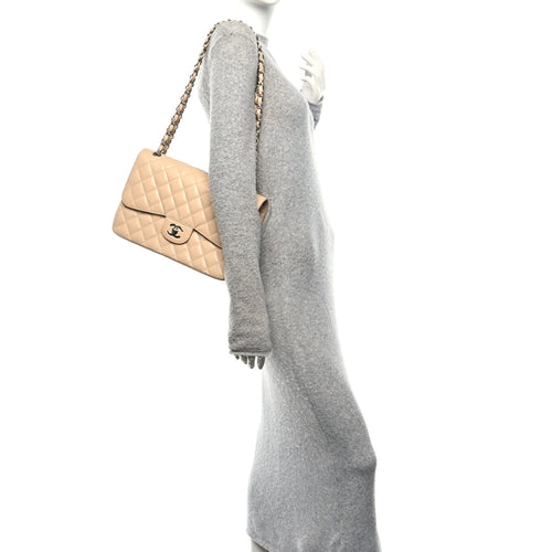 Caviar Quilted Jumbo Double Flap Beige