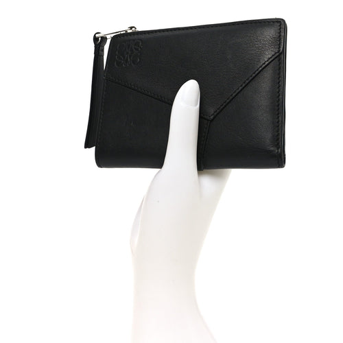 Calfskin Puzzle Zip Slim Compact Bi-Fold Wallet Black