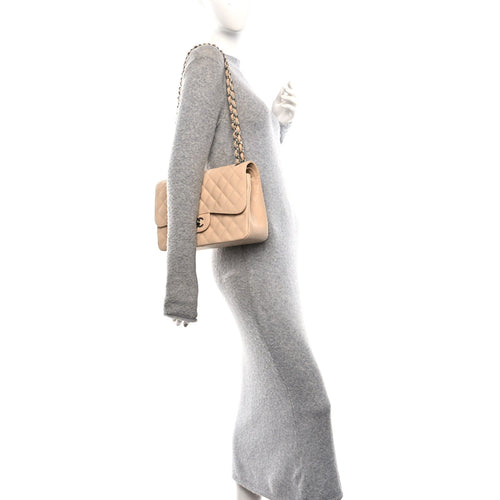 Caviar Quilted Jumbo Double Flap Beige Clair