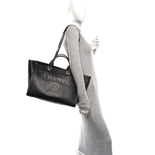 Caviar Medium Studded Deauville Tote Black