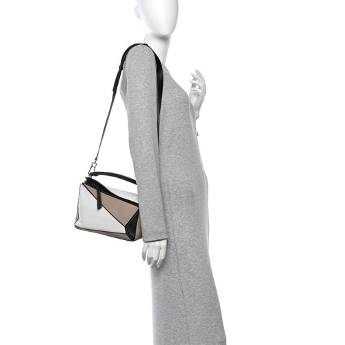 Calfskin Small Puzzle Bag Sand Soft White Black