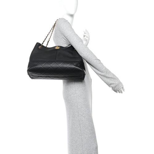 Calfskin Quilted Large Coco Base Shopping Bag Black