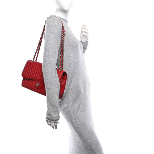 Caviar Chevron Quilted Jumbo Double Flap Dark Red